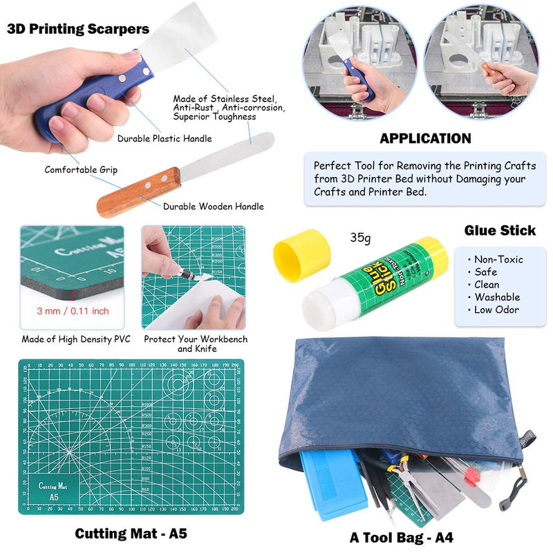 Glarks 40Pcs 3D Printer Removal Cleaning Tool Kit, Including Needle Nose Plier, Tweezers, Filing Tool, Cleaning Needles, Glue Stick, Cutting Mat, Knife Clean Up Kit to Remove, Clean, Finish 3D Print