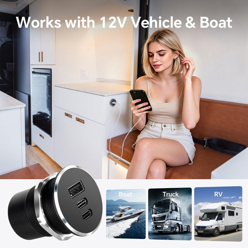 78W 12V USB Outlet with Silver Ring, Aluminum Car USB C Socket | PD3.0 & QC3.0, 3 Port Fast Charging, Mulit-Protection, No Backlight, Low Standby Power, For RV, Boat, Caravan, Camper Trailer 2Pcs