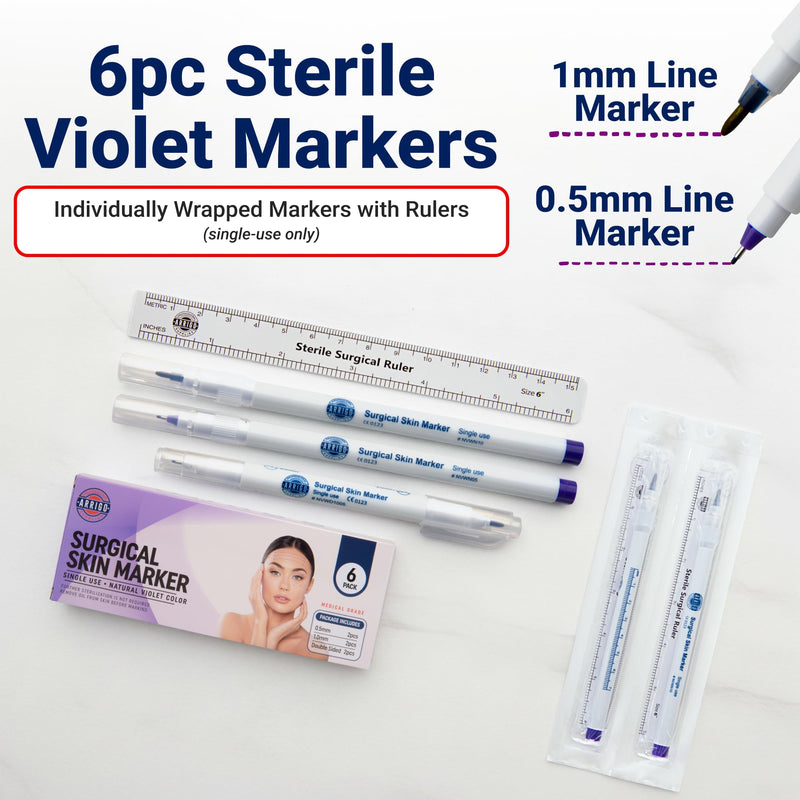 Arrigo Sterile Surgical Skin Markers – Box of 6 Individually Wrapped Violet Purple Skin Pens for Clinical Use – Single & Dual-Tip – Precise 0.5mm & 1mm – Water & Sweat-Resistant – Rulers Included 6-Pack Violet Purple Ink, Single & Dual-Tip (0.5mm & 1mm)