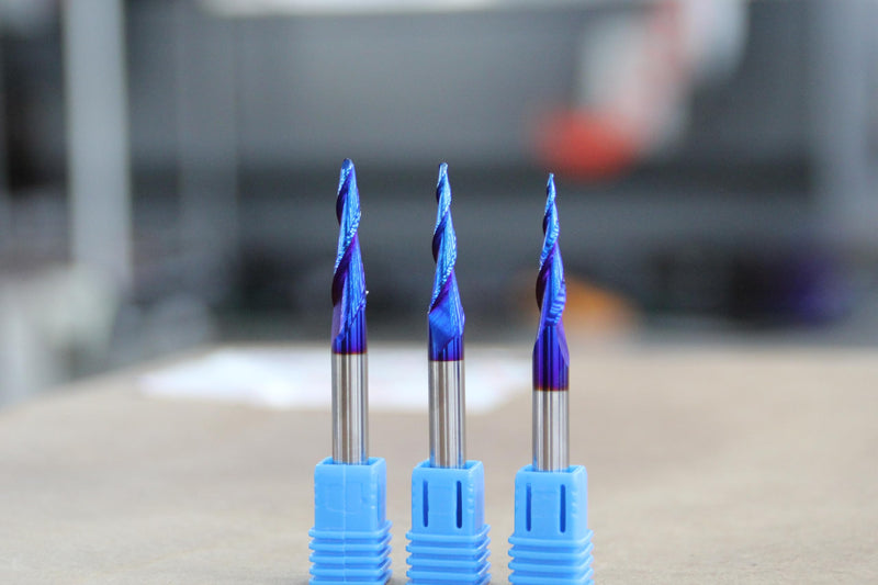 3PCS 1/8 1/16 1/32 inch Cutting Diameter Tapered Ball Nose End Mill Set Spiral CNC Router Bits Nano Coated Up Cut Solid Carbide 2D and 3D Carving 3.6 Deg 5.4Deg 6.2Deg with 1/4 Inch Shank T4660BC 1/8, 1/16 ,1/32 inch Cutting Diameter