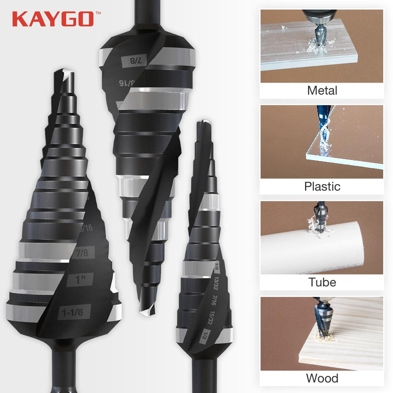 KAYGO M35 Step Drill Bit,3/16 to 1-1/8 inch Unibit Step Bit with Double Sprial Flute,1/4 -inch Hex Shank Drill Bit for Metal,Stainless Steel, Aluminum,Copper,Wood,PVC 3/16"- 1-1/8"