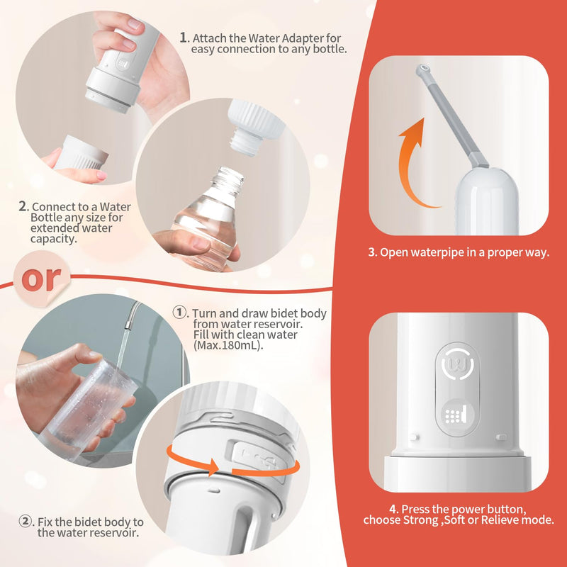 Rechargeable Portable Bidet with Bottle Adapter, IPX7 Waterproof Electric Bidet Sprayer, for Personal Hygiene Cleaning, Soothing Postnatal Care, Perineal & Hemorrhoid Treatment (White)