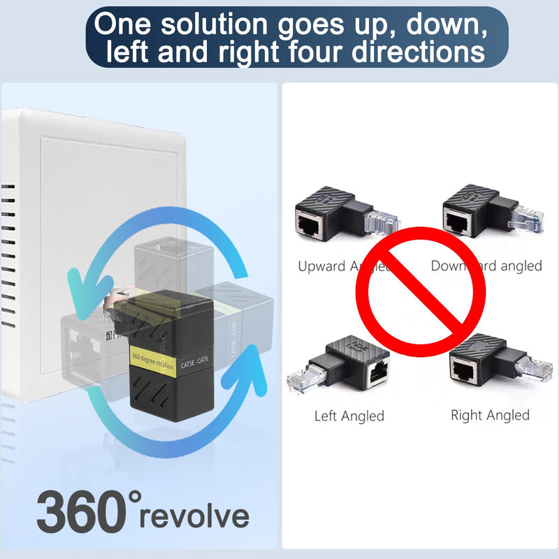 Gigabit 360 Degree Ethernet Adapter，90 Degree Angle Network LAN Cat5 Cat6 Extension Adapter，1000Mbps RJ45 8P8C Male to Female Connector for Computers, Laptops, Routers