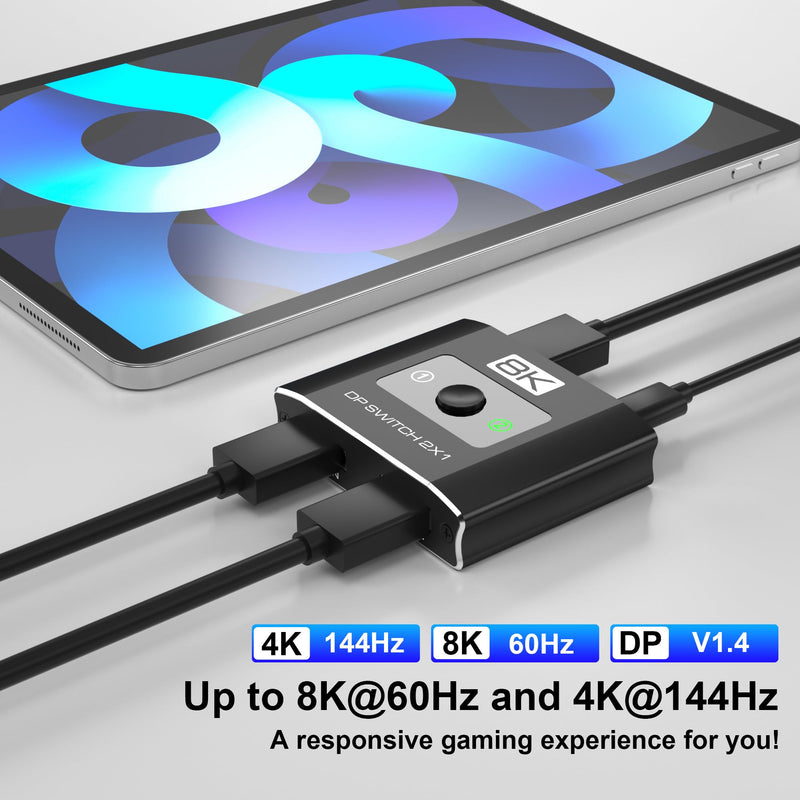Displayport Switch 2-in-1-out, 8K@60Hz, 4K@120Hz, Resolution DP 1.4 DisplayPort Switcher Selector Box, DSC Support, Display Port Switcher Compatible with Computers, Laptop, Desktop，Monitor，TV