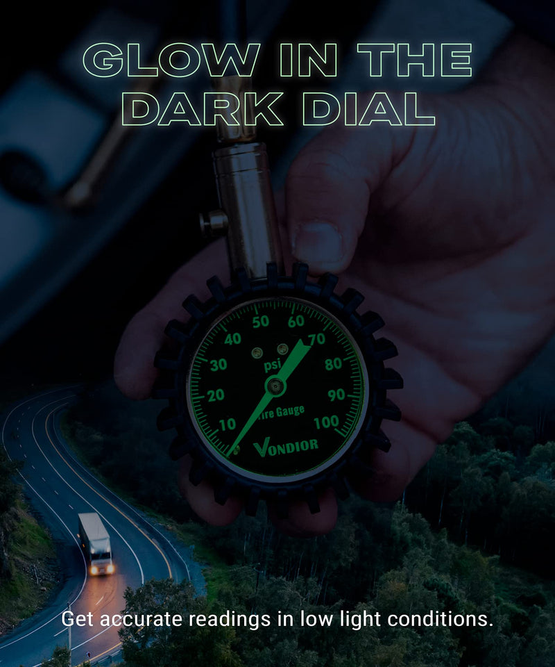 Vondior Heavy Duty Tire Pressure Gauge with Large Glow Dial - ANSI Certified for Cars and Trucks, Easy-Read and Stocking Stuffer for Men Black 0-100 PSI