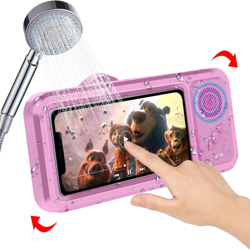 Shower Phone Holder with Wireless Bluetooth Speaker - Waterproof 480 Rotation Viewable Shower Phone Stand Case Mount Speakers for Bathroom Wall Mirro for 4"- 6.8" Cell Phones Purple