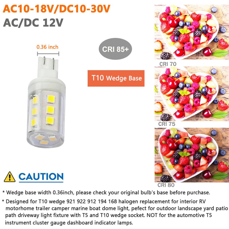 3W T10 Wedge Base RV 921 LED Light Bulb 12VAC/DC Landscape Garden Patio Path Driveway Malibu, RV Camper Trailer Motorhome Marine Boat Dome Fixture Lighting(6000K Daylight White)-6 Pack 6000k Daylight White