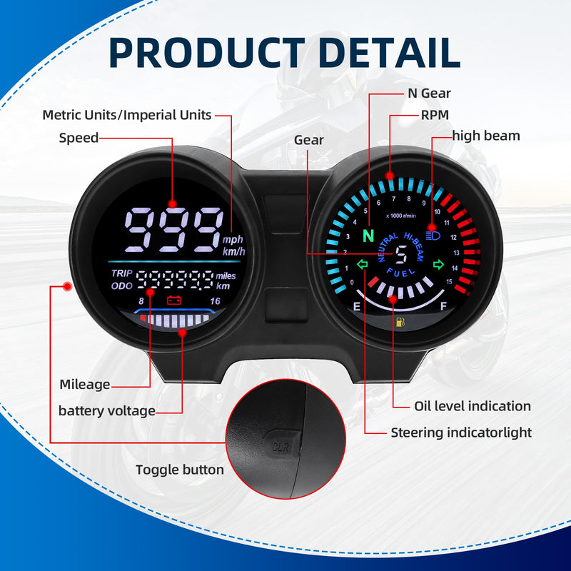 MH Motorcycle Speedometer Tachometer MPH/KM Digital Speed Gauge Odometer Fuel Indicator 5 Gear 15000r/min for Brazil TITAN150 CG150 Honda CG150 2004-2009 Fan150 Suzuki GN 125