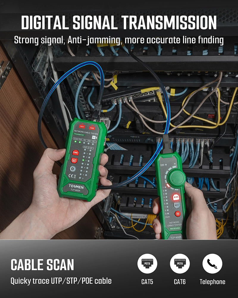 TESMEN TLP-900AR Network Cable Tester, RJ11 RJ45, for CAT5/6/POE/STP, Multi-function Cable Tracer with Pairing, Continuity, QC&NCV, Suitable for Ethernet, Telephone, Wire maintenance and sorting-Green Green