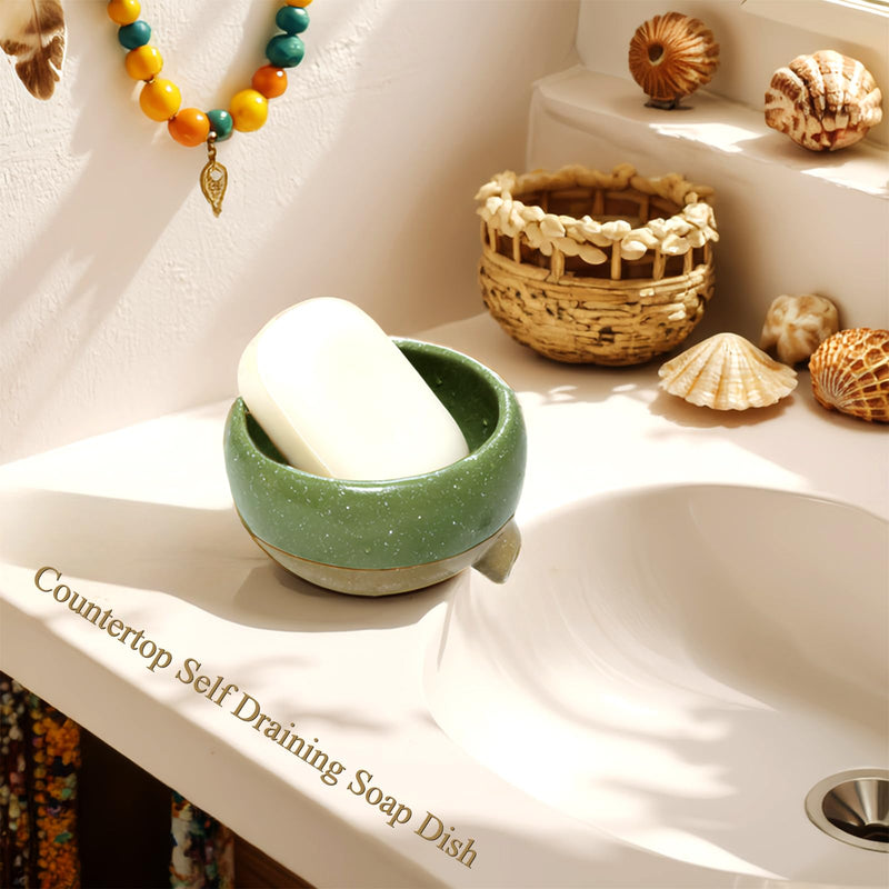 Self Draining Soap Dish and Soap Holder with Drain Spout for Sink, Shower, Bathroom, and Kitchen - Compact Resin Sponge Holder and Organizer, Keep Dry and Easy Cleaning Design, Green Rustic Green