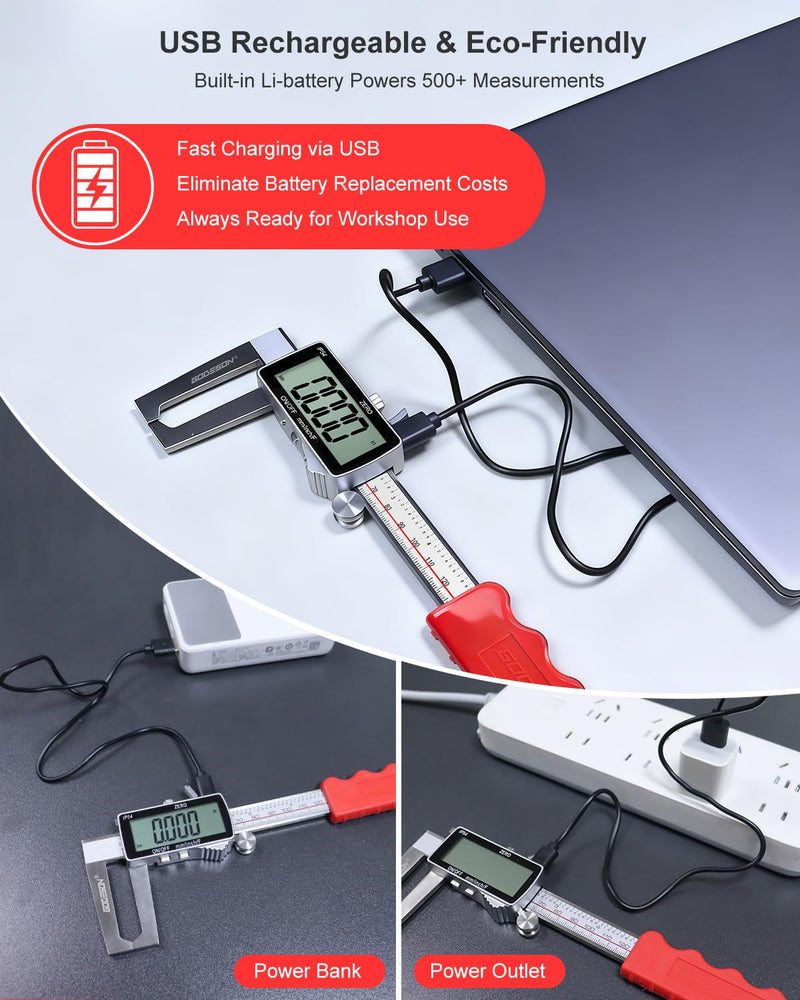 GODESON Digital Disc Brake Rotor Micrometer, 0-50mm/0-6 Rechargeable Brake Thickness Gauge, Digital Caliper MM/Inch/F Display, IP54 Waterproof, Stainless Steel for Auto & DIY