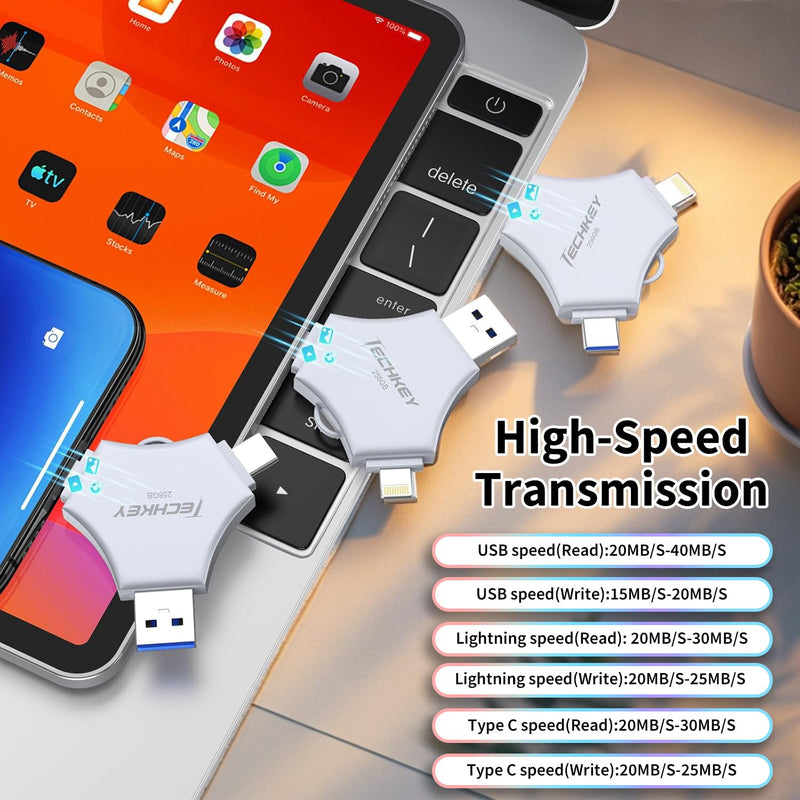 USB 3.0 Flash Drive for iPhone 256GB: MFi Certified 3in1 External Memory Photo Keeper Storage Stick for Picture/Video/Data Saver/Backup High Speed Thumb/Jump/Hard Drive for iPad/Android/PC -Grey 256 GB Grey