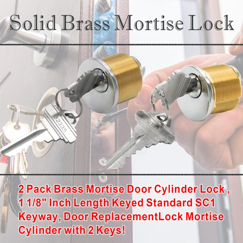 2Pcs Brass Mortise Cylinder Locks with 2 SC1 Keyway Keys | Fit Standard Commercial Door Replacement Lock Mortise Cylinder for Home Aluminum Door( 1 1/8" Inch - Different SC1 Keys) 1-1/8 inch Door Cylinder Locks