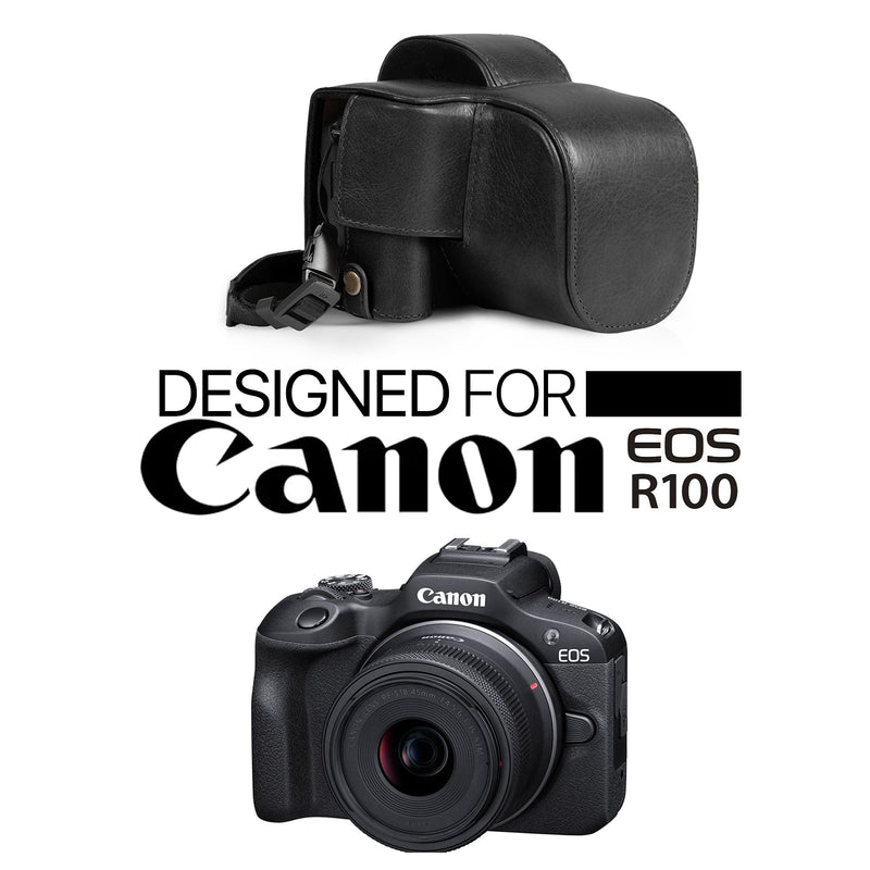 Mega Gear Genuine Leather Camera Case for Canon EOS R100 (18-45mm) - Stylish and Protective - Black
