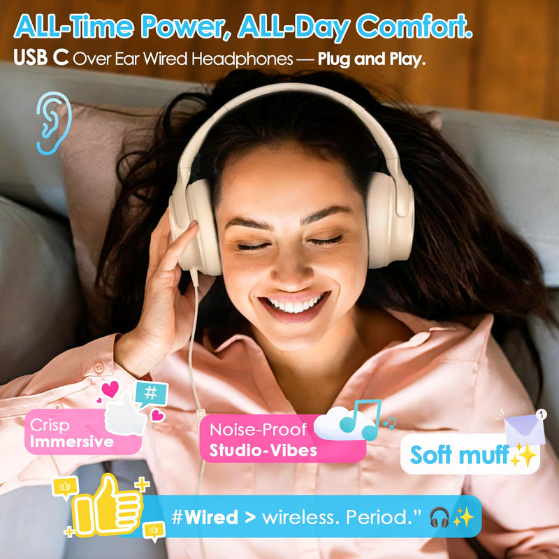 INFURTURE USB C Headphones Wired Active Noise Cancelling Over Ear-White | Portable/Comfortable/Built-in Microphone/Lightweight/for iPhone/iPad/Sports/School/Travel/Plug and Play/Ideal Gifts White