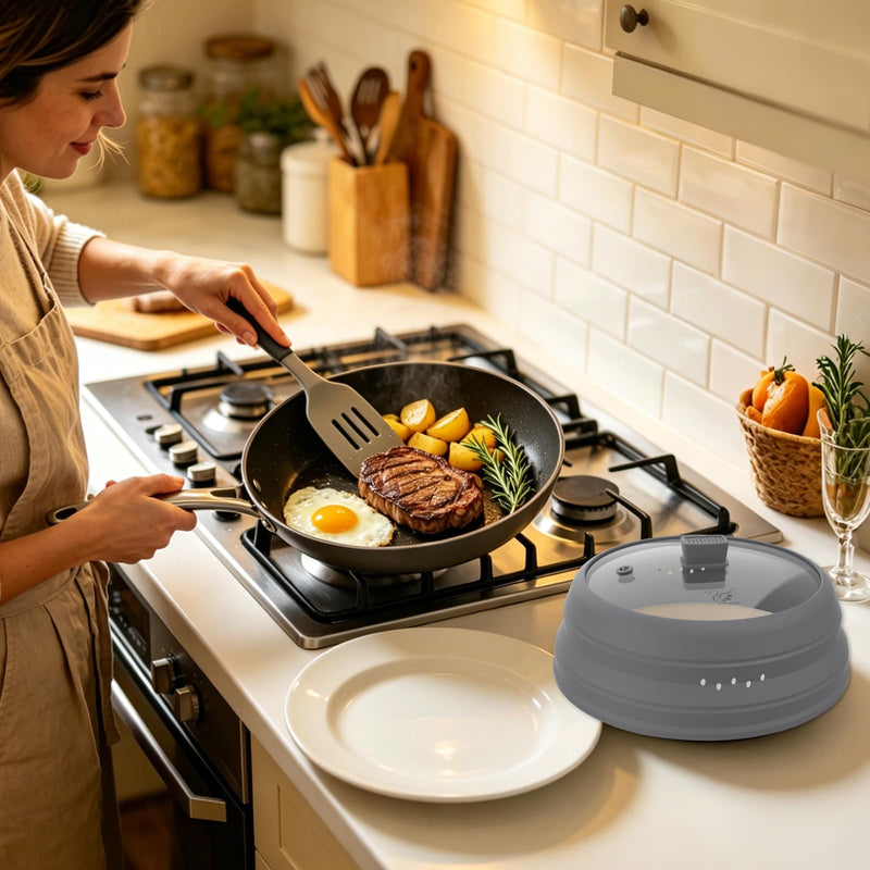 Microwave Splatter Cover Glass Cover Guard Lid with Collapsible Silicone for Food Pot Plate Cover 9.8 inch Light Grey