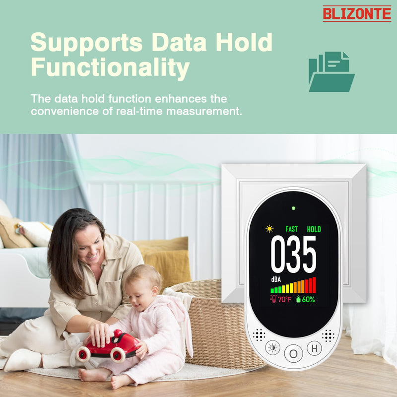 Decibel Meter Plug-in Wall, 3-in-1 Noise Detector(Noise,Temp and Humidity) with Fast/Slow Refresh Rate, MAX/MIN and Data Hold, 30–130 dBA Decibel Range for Rentals, Home, Classroom, Library White