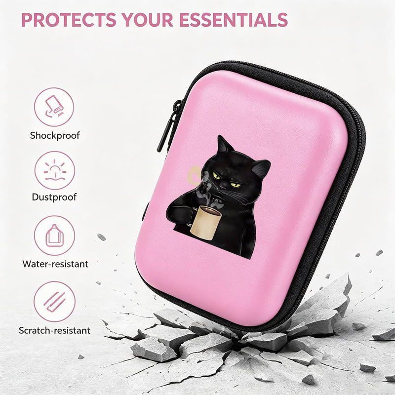 Grumpy Black Cat with Coffee Cup Print Hard Shell Electronics Organizer, Shockproof Carrying Case for Cables, Earphones, Chargers, Ideal Gift for Travel & Daily Use，4.33 * 3.14 * 1.57 inch/SNB02-026 Pink-026