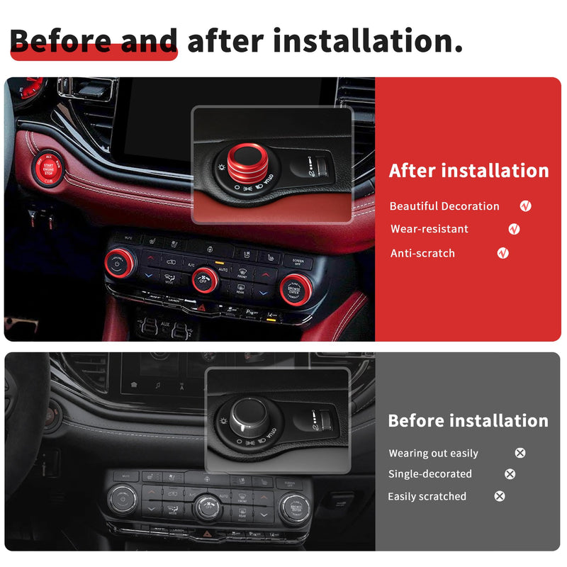 Interior Accessories for Dodge Durango 2021-2025, 6pcs Aluminum Alloy Trim Set - Push Start Button Cover/Ring, A/C, Volume Tune, Headlight Switch Knob Covers (Red) Red