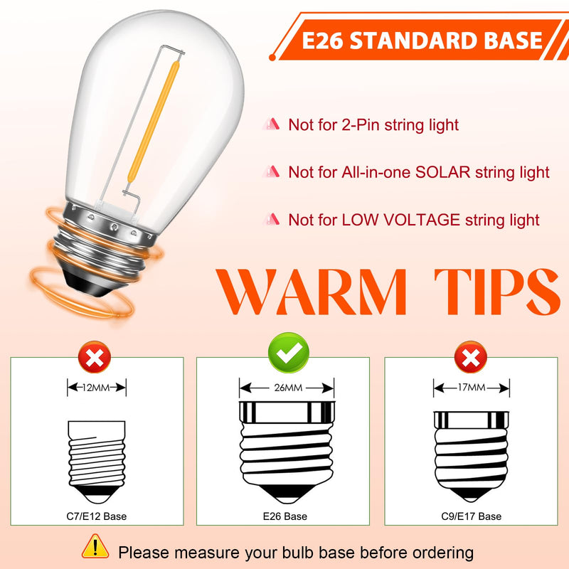 GvvooHome 36 Pack S14 LED Bulbs for Outdoor String Lights, Shatterproof Replacement Edison Bulbs for Patio String Lights Outdoor Waterproof, Warm White 2200K, Dimmable, E26 Standard Base