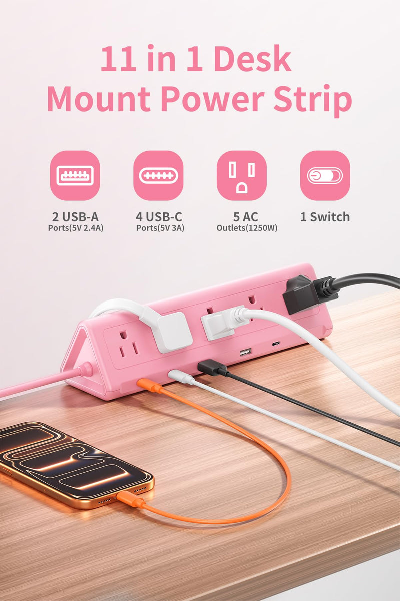 SMALLRT Pink Desk Clamp Power Strip with 6.5 FT Extension Cord, PD 40W USB-C Fast Charging Ports, 5 AC Outlets 4 USB-C 2 USB-A, Fits 2.1 inch Table Edges