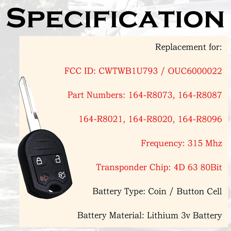 Key Fob Replacement Fits for Ford Explorer 2001-2015 Mustang Expedition Edge Focus Taurus Escape Flex Focus Fusion Lincoln Navigator Sable CWTWB1U793 Keyless Entry Remote Control OUC6000022