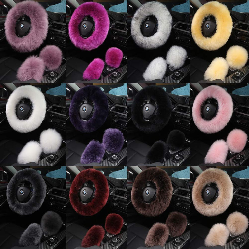 3Pcs Set Fashion Fluffy Fuzzy Wool Fur Soft Car Steering Wheel Cover with Handbrake Cover & Gear Shift Cover for Women/Girls/Ladies Auto Long Wool Accessories Black