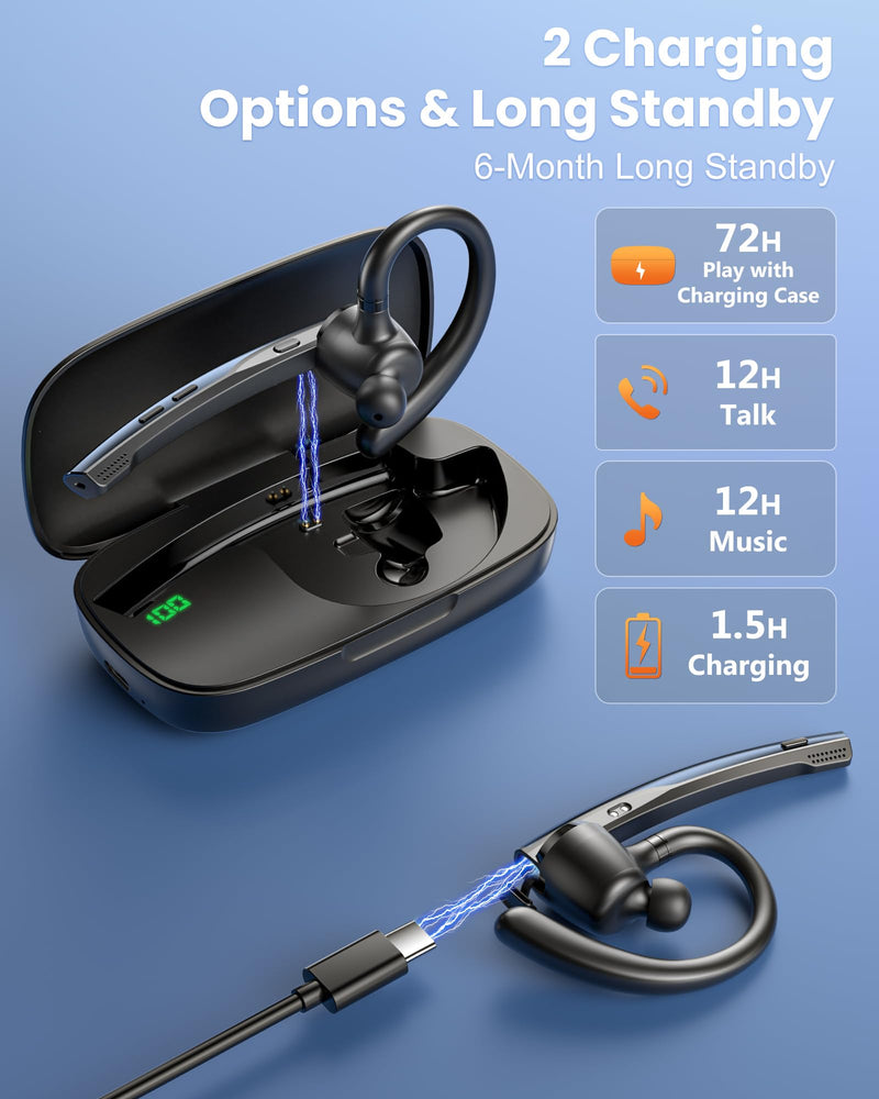 New Bee Bluetooth Headset V5.1 72H Talk Time Dual Mic with Mute Button for Business, Wireless Hand-Free Bluetooth Earpiece with 500mAh Charging Case for Cell Phone Calls Trucker Driver Laptop Blue M54