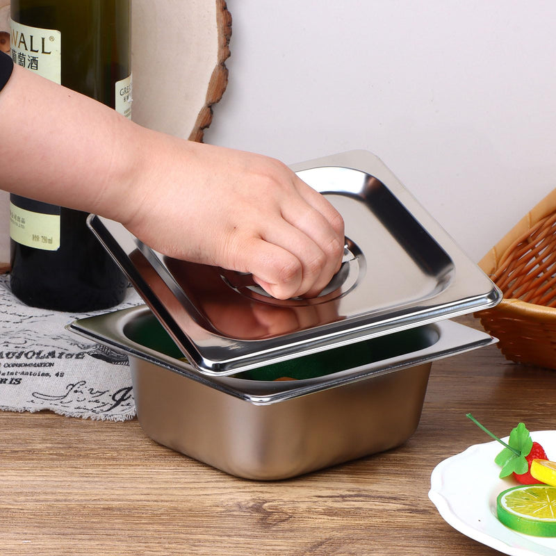 10 Pack 1/6 Size Steam Table Pan Covers Universal Handled Food Pan Lid Stainless Steel Pan Lid with Handle Restaurant Commercial Hotel Food Pan Cover 7 x 6.5 Inch for Fruits Vegetables