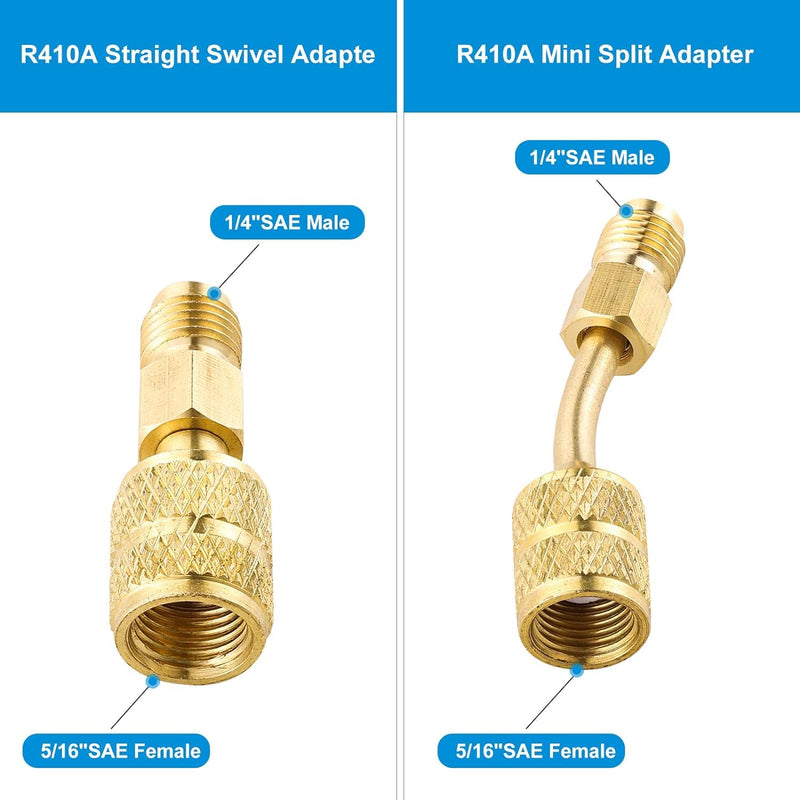 R410A Mini Split Adapters, R410A Charging Vacuum Port Adapter Kit with 45 and 90 Degree Charging Vacuum Adapter 5/16" Female to 1/4" Male (2 Angled + 2 Straight +2 Elbow) 2 Angled + 2 Straight +2 Elbow