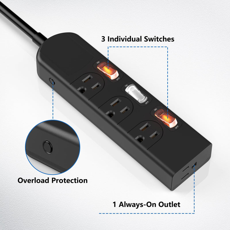 Small Power Strip with Individual Switches, 3FT Extension Cord | 3 Switched Outlets with LED and 1 Always-On, Wide-Spaced, Mountable for Aquarium, 1500W/12A, Flat Plug, Black