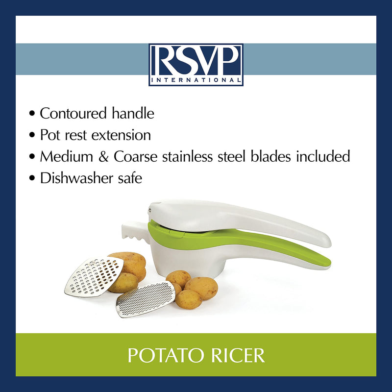 RSVP International (SPUD) Potato Ricer, White/Green | Mash Potatoes, Fruits, Vegetables & More | Includes Medium & Coarse Plates | Pot Resting Extension | Dishwasher Safe