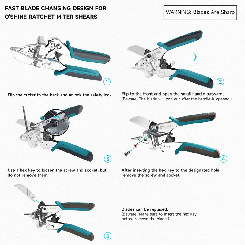 O’Shine Ratchet Miter Shears Expert for Angular Cutting Molding Crafting Wood, Quarter Round Cutting Tool, 45-135 Degree Multi Angle PVC Miter Shear Trim Cutter Hand Tool, w/Extra Four Anvils & Blade American
