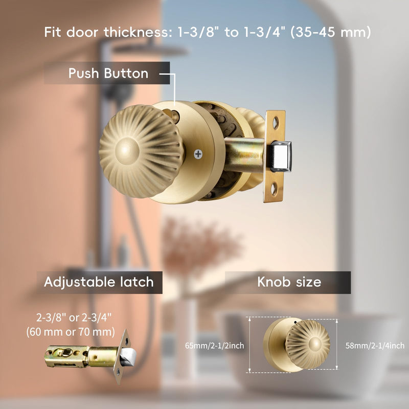 2 Pack Gold Interior Door Knobs, Heavy Duty Door Knob with Lock, Seashell knob Door Handles for Bath & Bedroom 2-Privacy