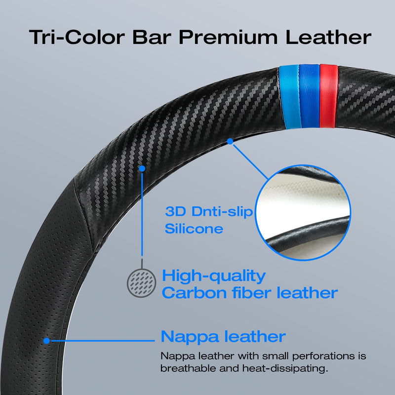  [AUSTRALIA] - Carbon Fiber Steering Wheel Cover, Non-Slip and Sweat Absorbent, 15" Steering Wheel Covers for X5 X3 Men Women, Black BLACK ///