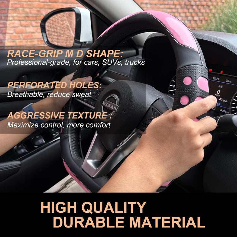 PINCTROT D Shaped Race Grip Steering Wheel Cover, Anti Slip Silicone Perforated Design with Soft Touch Padding, Enhanced Grip for Sporty Driving Flat Bottom 14.5-15 Inch (Racing Pink) 5.Pink D Shaped/Flat Bottom[14 1/2''-15'']
