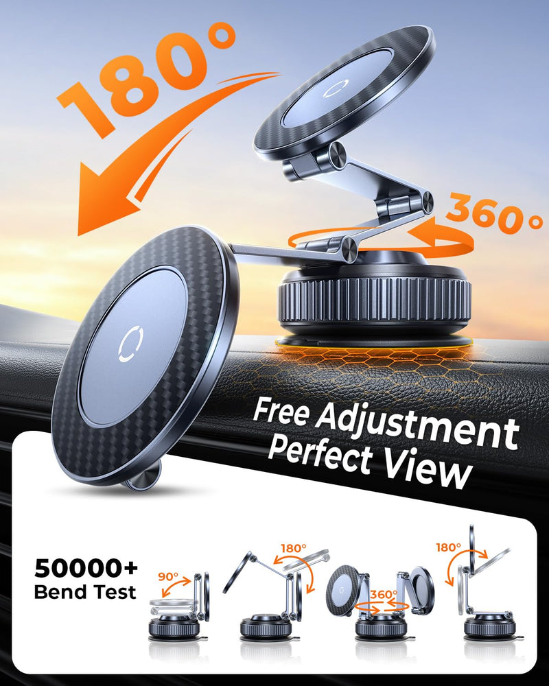 Vacuum Magnetic Car Phone Holder for Magsafe, Long Arm for Tesla Model Y/3 | All Metal, Nano Gel 119+LBS Max Suction,Foldable Hidden Tesla Phone Mount,360°Rotation,Easiest Car Mount for iPhone & Android Black
