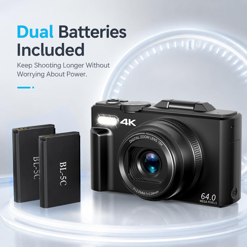 4K Digital Camera for Photography, 64MP Vlogging Camera with 180° Screen | Compact Point And Shoot Camera With WiFi, 32GB Card, 2 Rechargeable Batteries, Portable Travel Camera, Black
