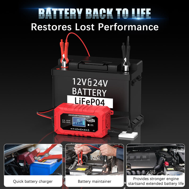 YONHAN 15A Battery Charger, 12V/24V LiFePO4 & Lead Acid Car Battery Charger, 9-Stage Trickle Charger with Temp Compensation, Automotive Battery Maintainer for Car Truck Motorcycle Lawn Mower Boat(Red)