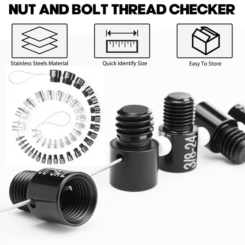 Nut and Bolt Thread Checker 45 Male/Female Thread Gauges (24 SAE/Inch & 21 Metric) Nut and Bolt Thread Size Checker Thread Identifier Gauges for Quickly Identify and Verify 45 Gauges - 24 Inch & 21 Metric