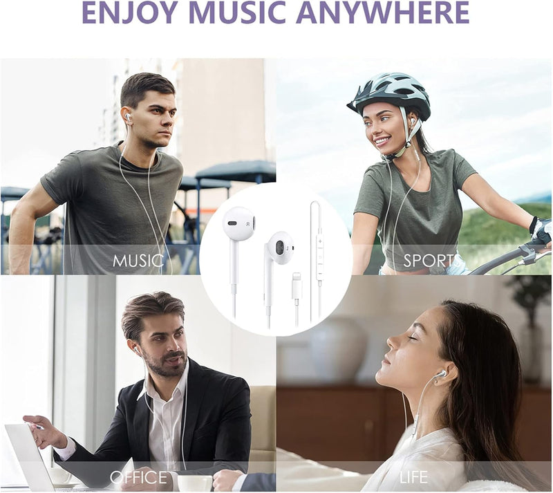 Wired Headphones for iPhone Earbuds with Lightning Connector,2 Packs Built-in Mic & Volume Control HiFi Stereo Nosie Reduction Earphones Compatible with iPhone 14/13/12/11/XR/XS/X/8/7 Support All iOS White