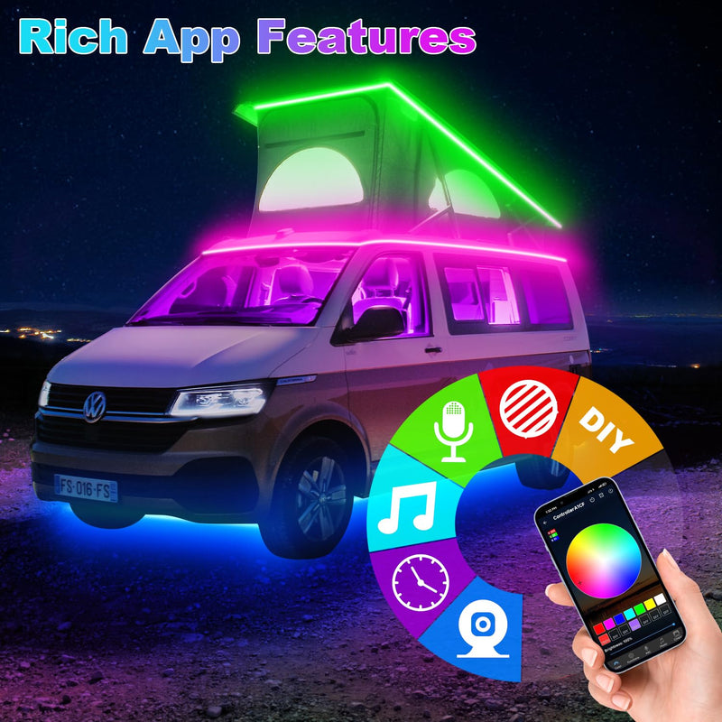 RV Awning LED Light Strip 20FT, 12V RGB Waterproof Underglow Led Light kit, Camper Awning Lights for RV Canopy Exterior, Travel Party, Van, Camper, Concession Trailer, Food Trucks