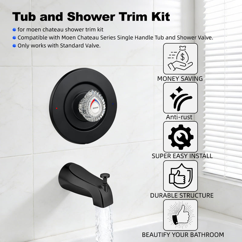 Shower Trim Kit and Tub Spout, Compatible with Moen T470 Chateau Shower Trim kit, for Moen 1225 Trim Kit, Includes Escutcheon, Tubes, Shower handle and Screws (Matte Black) Matte Black