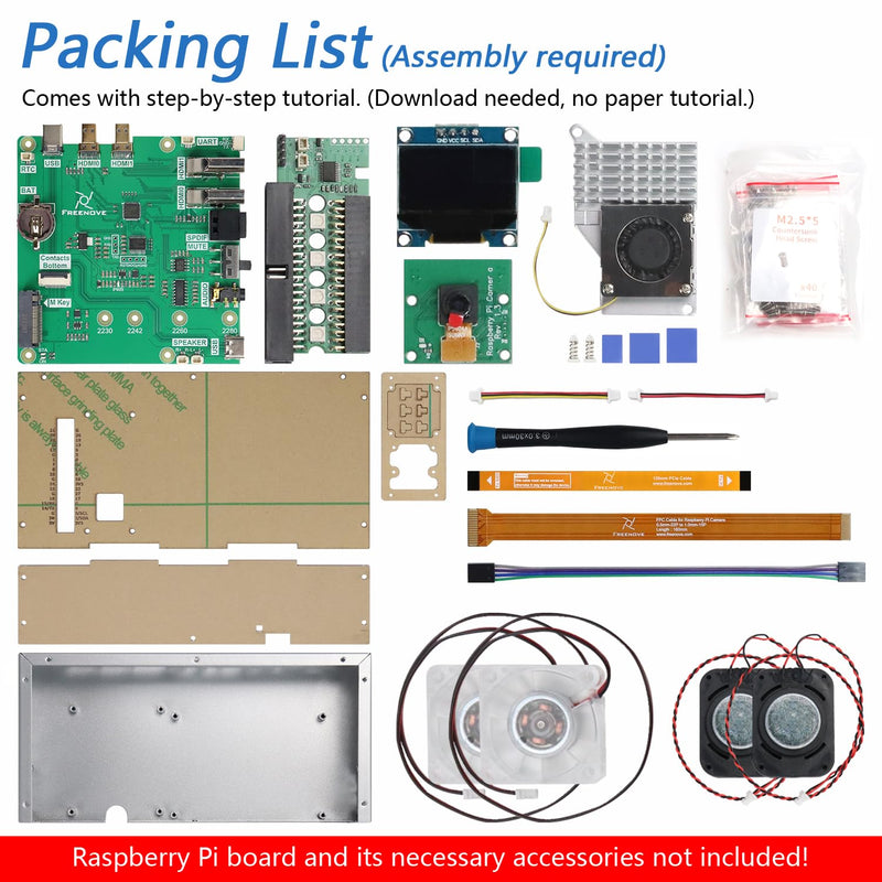 FREENOVE Computer Case Kit for Raspberry Pi 5 with Cooling Fan, M.2 NVMe SSD Slot 1231 MB/s, 5 MP Camera, 0.96 Inch OLED Screen, Built-in Stereo Speakers, 3.5 mm and Optical Audio (S/PDIF) no SSD no Screen