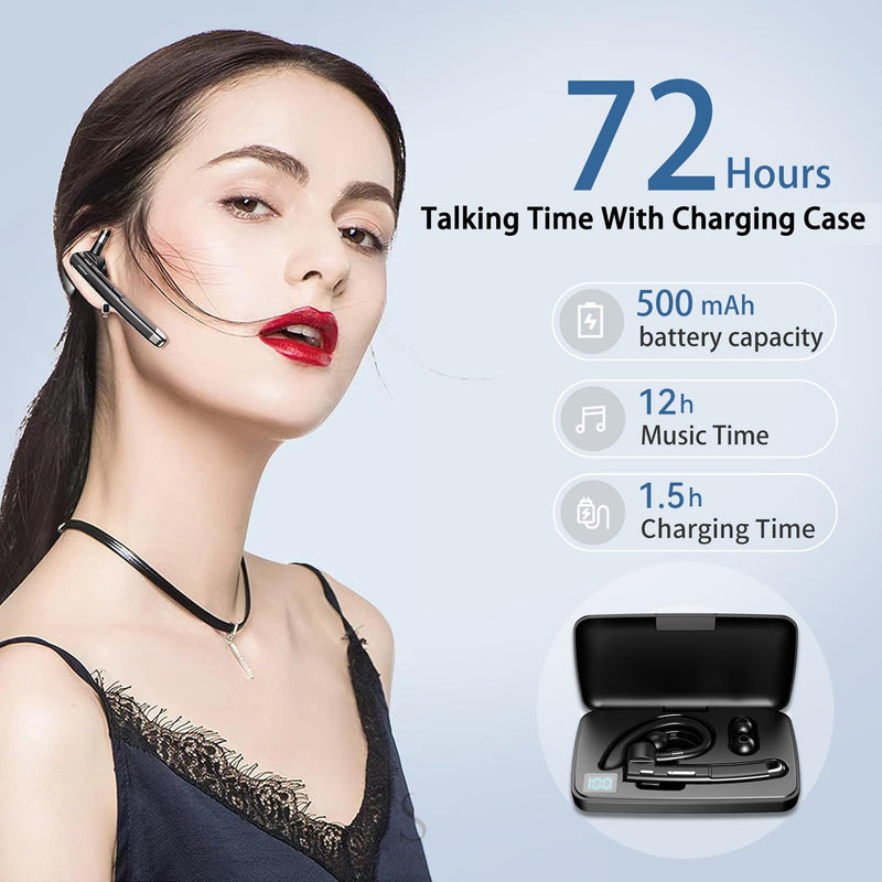 Bluetooth Headset with Microphone, Wireless Bluetooth Earpiece for Work, Trucker Headset with ENC Noise Cancelling Mic, 72H Charging Case, Bluetooth 6.1 Hands Free for Driving Office PC Phone, Black