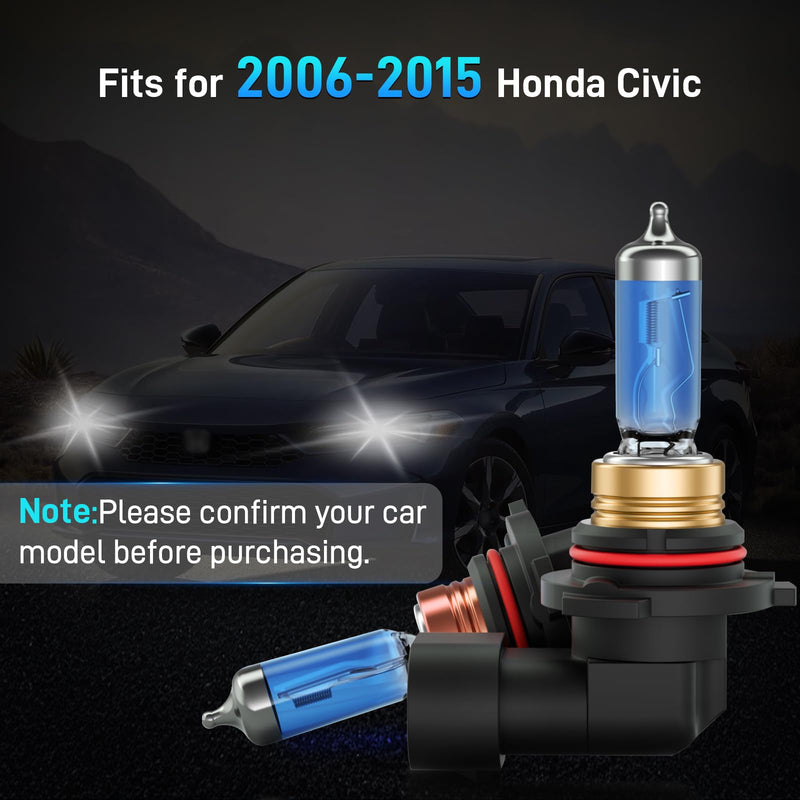 Fits for 2006-2015 Honda Civic Halogen Headlight Bulbs Combo, Ultra Bright 5000K White High Low Beam Headlight Bulbs, Plug and Play, 4 Pack For 06-15 Civic (High Beam+Low Beam)