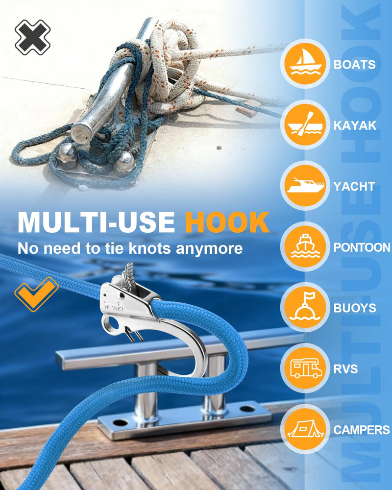 Boat Anchor Hook, Stainless Steel Adjustable Sliding Rope Holder, Knotless Quick Release Marine Line Clip for 3/8" - 5/8" Lines, Max. 8500 lbs Capacity (2 Pack) 2 PACK