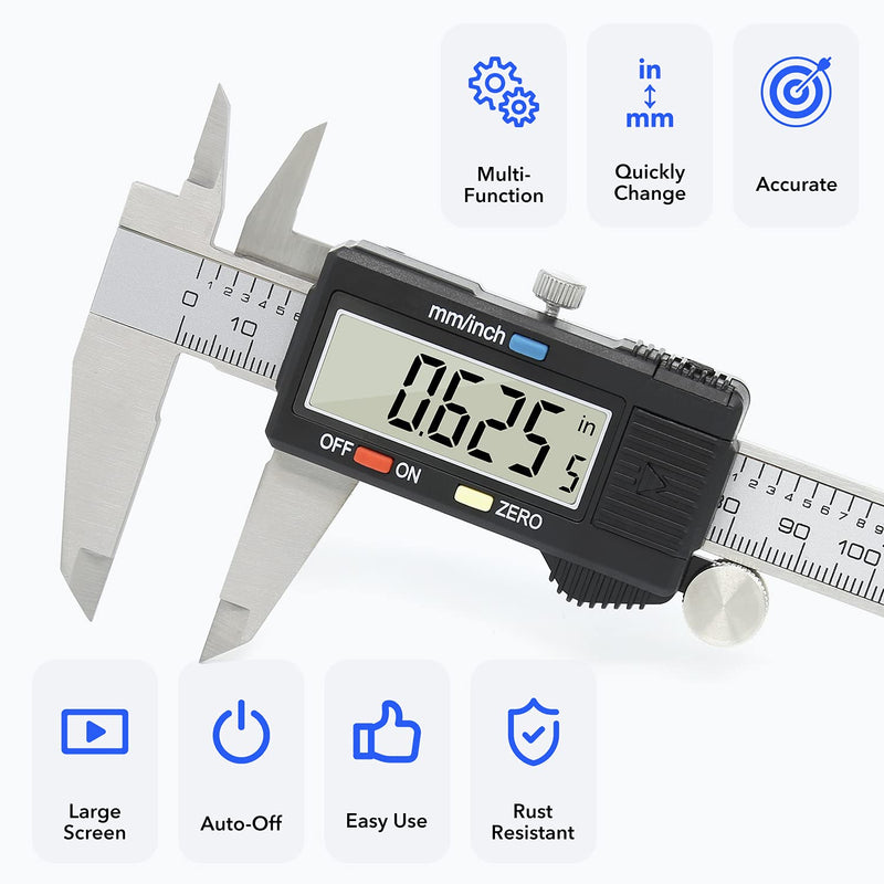 Digital Caliper Precise Measuring Tool, Vizbrite 6 inch Stainless Steel Electronic Vernier Calipers with Auto-Off Large LCD Screen, Accurate to ±0.001in/0.01mm, Easy Use Caliper 150mm Black Stainless Steel