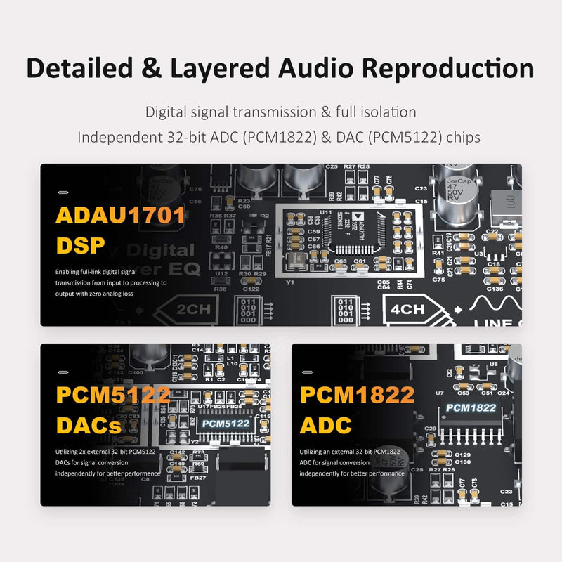 Independent ADC & DAC ADAU1701 DSP Preamp Unbalanced 2 in 4 Out, 2.2/2.1 Digital Signal 2-Way Crossover, Sigmastudio and PC UI Control for EQ and Bass Enhancement BDSP2.4U-Pro