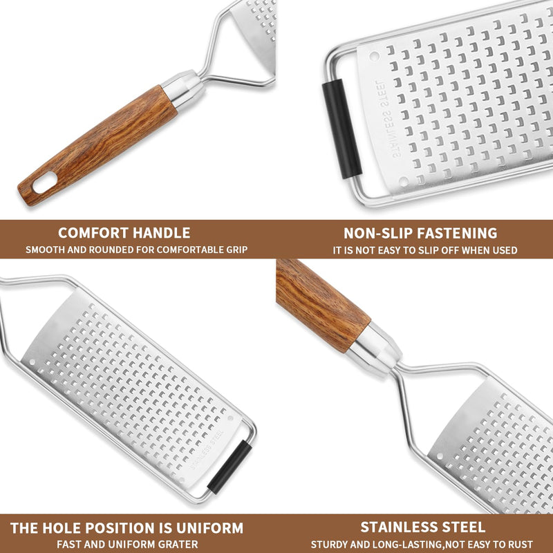 Professional Cheese Grater Stainless Steel,Multi-Purpose Grater With Wood Handle for Cheese, Ginger, Lemon, Garlic, Nutmeg,Fruits,Chocolate & Spices-Wideboard (4PCS) 4PCS
